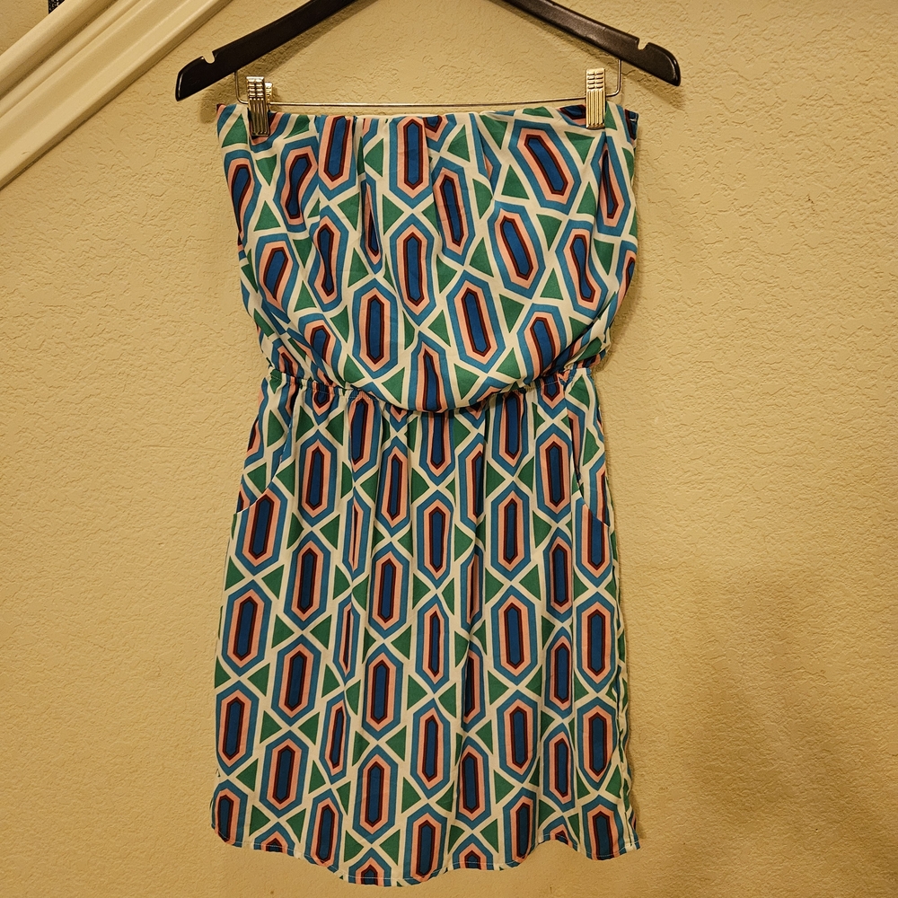 Peach Love California Retro Print Strapless Dress in Green Blue and Pink Size M
